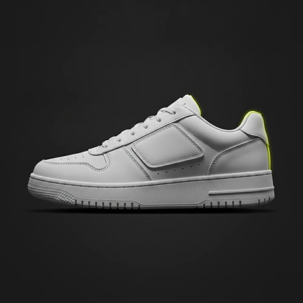 Air Force 1, all-white leather low-top, side profile (AI-generated concept render).