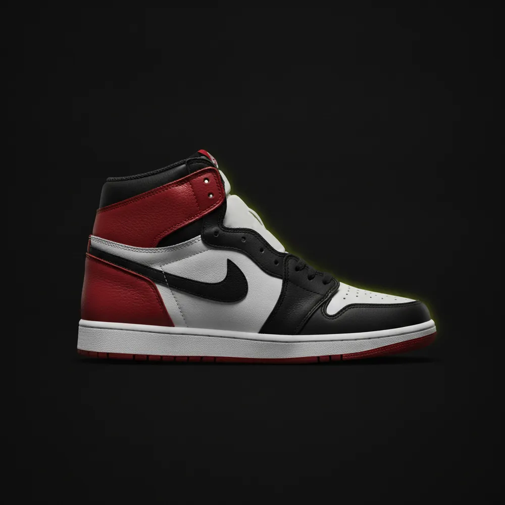 Air Jordan 1 high-top in black, red and white, side profile (AI-generated concept render).