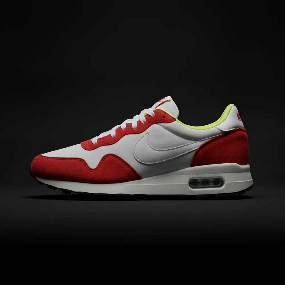 Air Max 1 in the original white and sport-red colourway, side profile (AI-generated concept render).