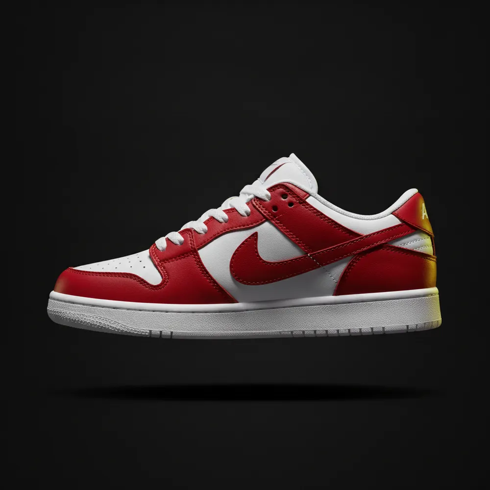 Dunk Low in red and white panelling, side profile (AI-generated concept render).
