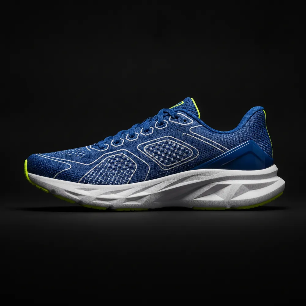 Pegasus road-running shoe in cobalt blue and white, side profile (AI-generated concept render).