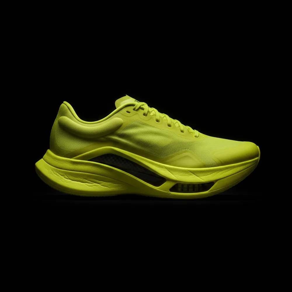 Vaporfly carbon-plate racing shoe in volt yellow, side profile (AI-generated concept render).
